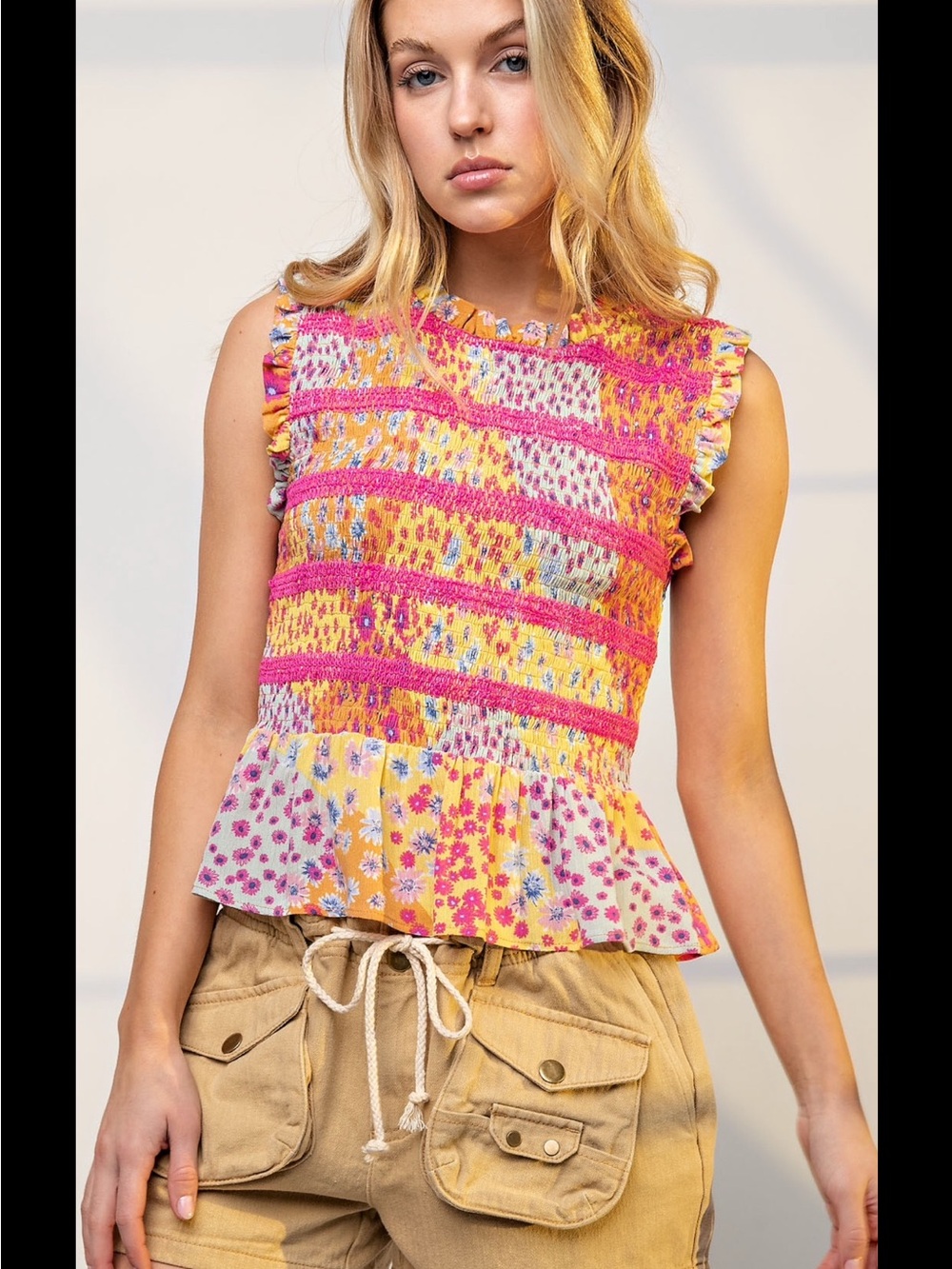easel Pink & Yellow Smocked Floral Ruffle Hem Camisole